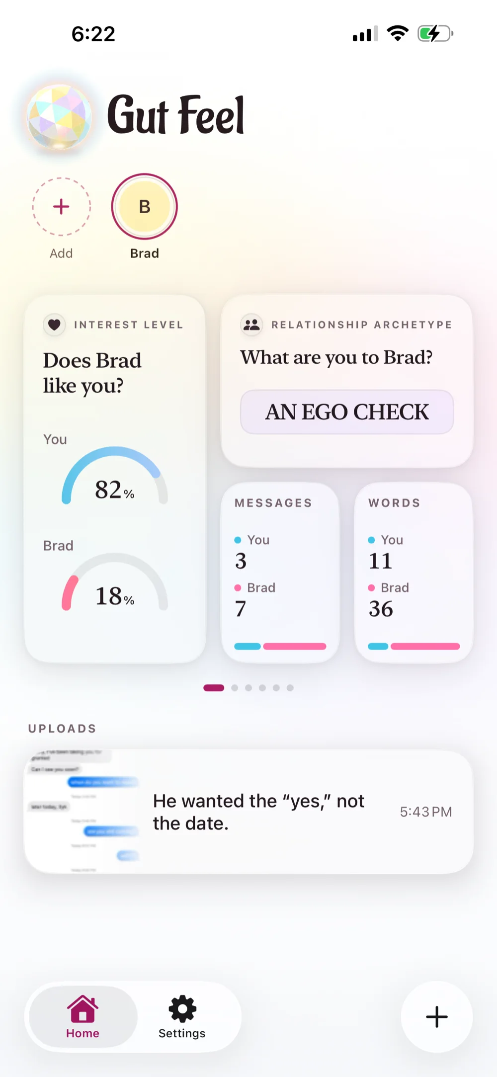 A Gut Feel person dashboard showing interest level, archetype and message counts