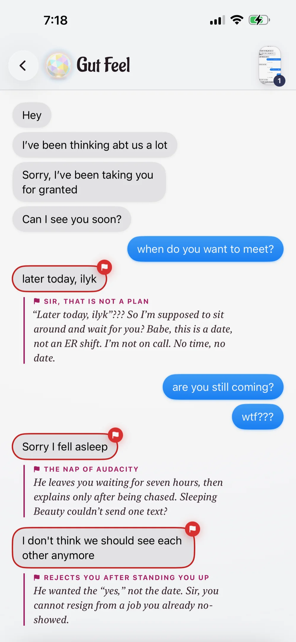 A Gut Feel read: messages flagged in red with the reasoning under each one